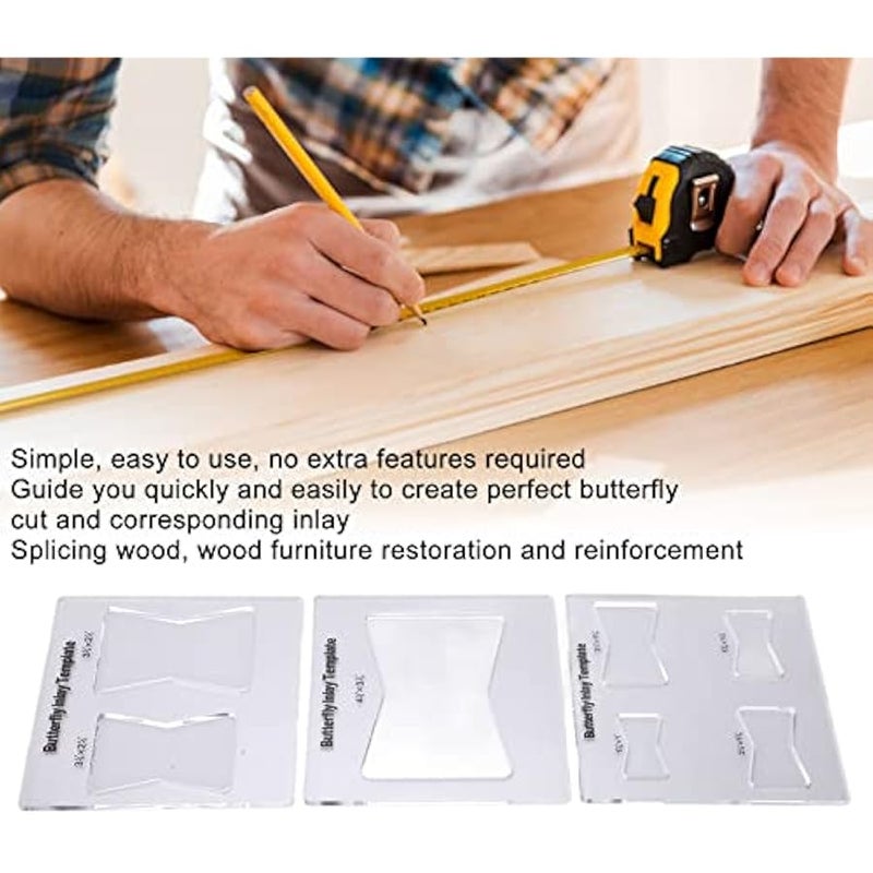 تيستينغ مجموعة قوالب ترصيع الفراشة من 3 قطع، قوالب ترصيع على شكل فراشة، قوالب ترصيع للراوتر من الاكريليك المقوى لاصلاح وتقوية الاثاث الخشبي - Image 3